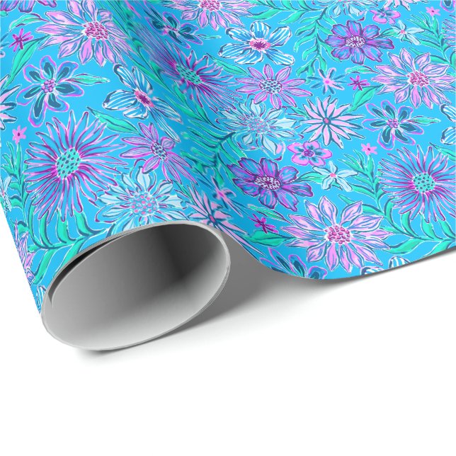Preppy Palm Beach Print Blue Flowers Wrapping Paper (Roll Corner)