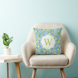 Preppy Palm Beach Print Blue Limes Monogram Throw Pillow