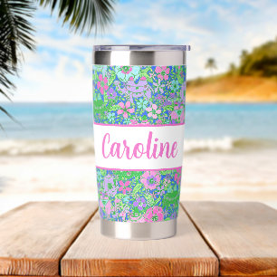Preppy Palm Beach Print Blue Pink & Green Camels Insulated Tumbler