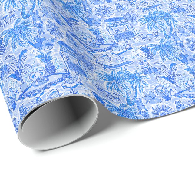 Preppy Palm Beach Print Blue & White Animal Vacay Wrapping Paper (Roll Corner)