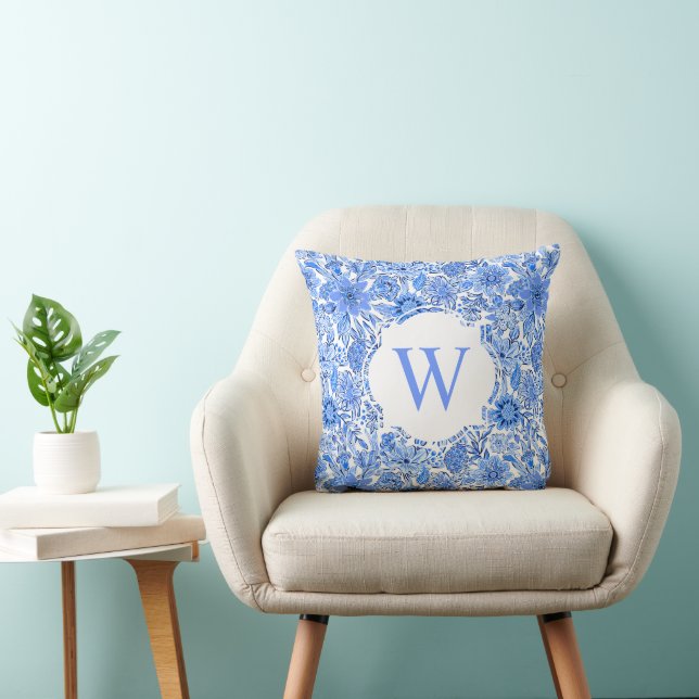 Preppy Palm Beach Print Blue White Floral Monogram Throw Pillow (Chair)