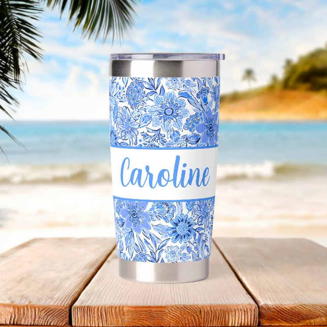 Preppy Palm Beach Print Blue & White Flowers Insulated Tumbler (Beach)