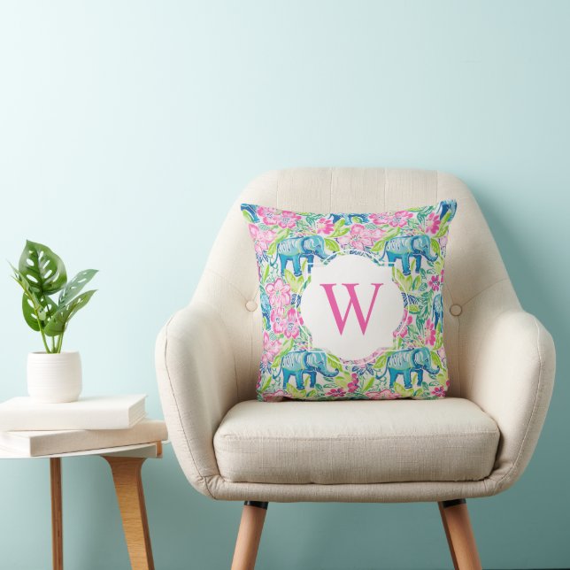 Preppy Palm Beach Print Elephant Flowers Monogram Throw Pillow (Chair)