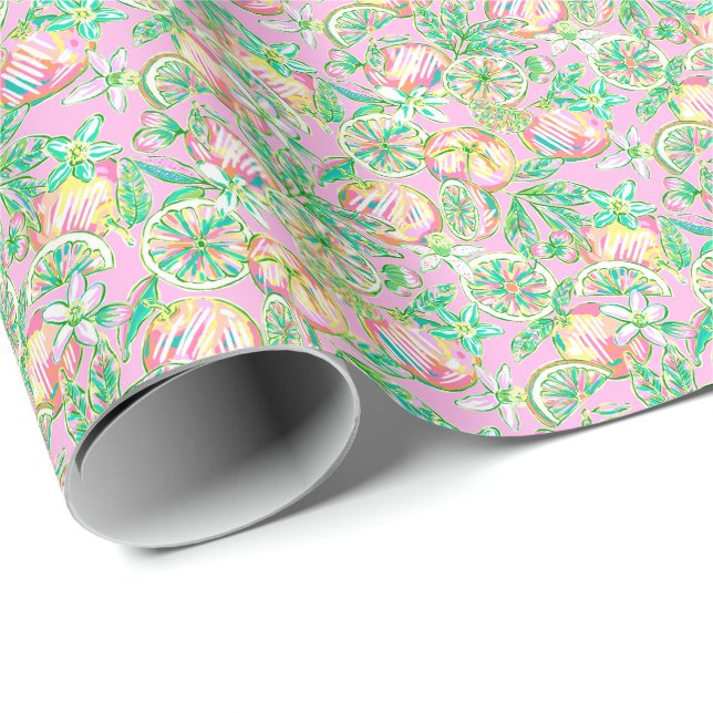 Preppy Palm Beach Print Green and Pink Oranges Wrapping Paper (Roll Corner)