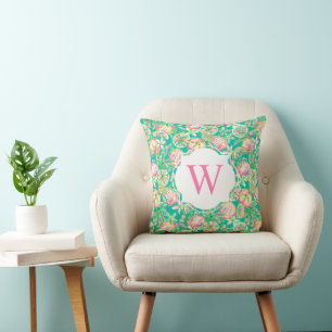 Preppy Palm Beach Print Green Oranges Monogram Throw Pillow