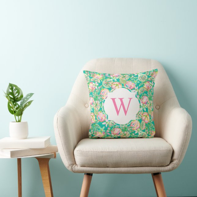 Preppy Palm Beach Print Green Oranges Monogram Throw Pillow (Chair)