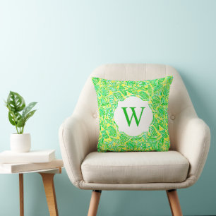 Preppy Palm Beach Print Green Shells Monogram Throw Pillow