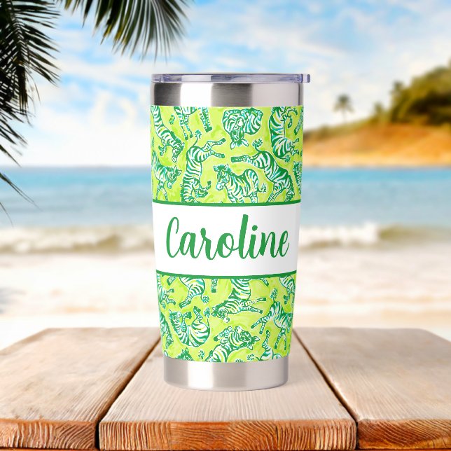 Preppy Palm Beach Print Green Zebras Insulated Tumbler (Beach)