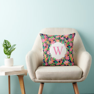 Preppy Palm Beach Print Navy Monkeys Monogram Throw Pillow