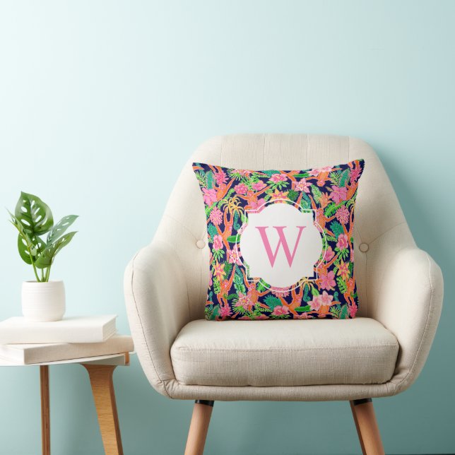 Preppy Palm Beach Print Navy Monkeys Monogram Throw Pillow (Chair)