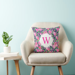 Preppy Palm Beach Print Navy Pink Floral Monogram Throw Pillow