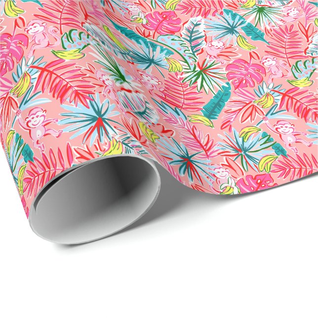 Preppy Palm Beach Print Palm Tree Monkeys Wrapping Paper (Roll Corner)
