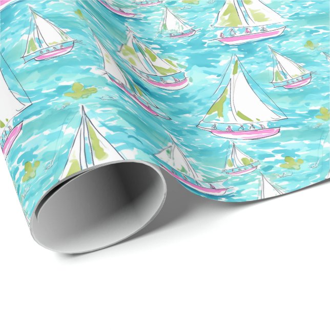 Preppy Palm Beach Print Pastel Sailboats Wrapping Paper (Roll Corner)