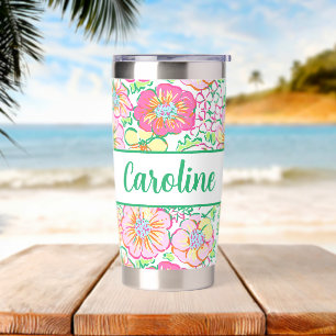 Preppy Palm Beach Print Pink and Green Flowers Insulated Tumbler