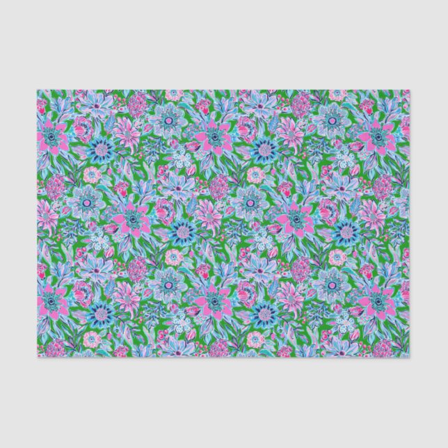 Preppy Palm Beach Print Pink and Green Flowers Tissue Paper (Front)