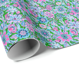 Preppy Palm Beach Print Pink and Green Flowers Wrapping Paper