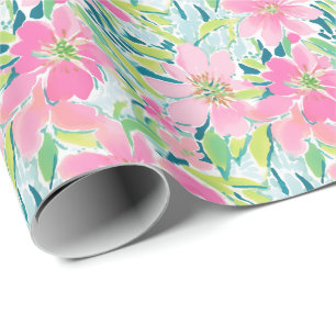 Preppy Palm Beach Print Pink and Green Flowers Wrapping Paper