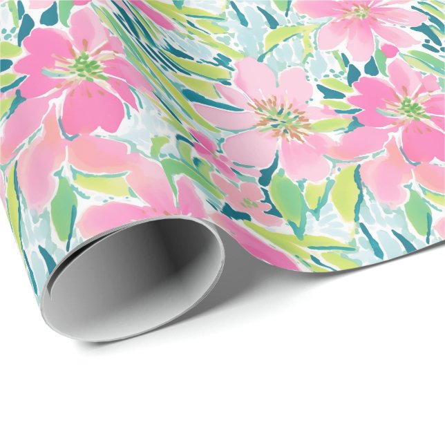 Preppy Palm Beach Print Pink and Green Flowers Wrapping Paper (Roll Corner)