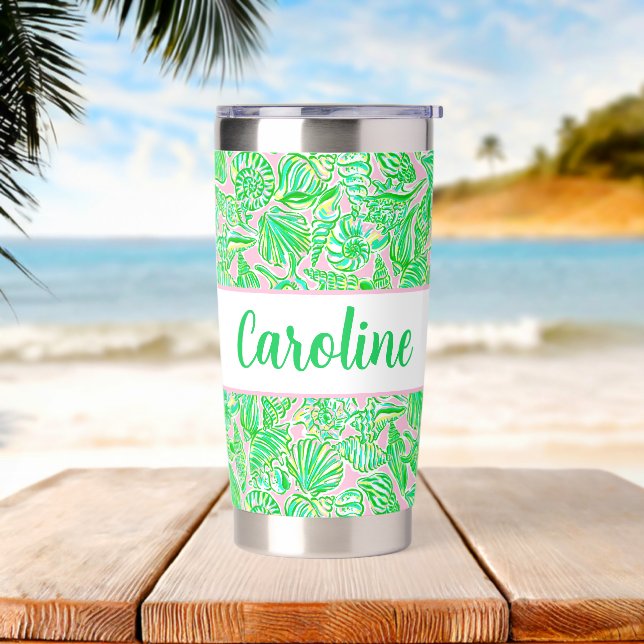 Preppy Palm Beach Print Pink and Green Seashells Insulated Tumbler (Beach)