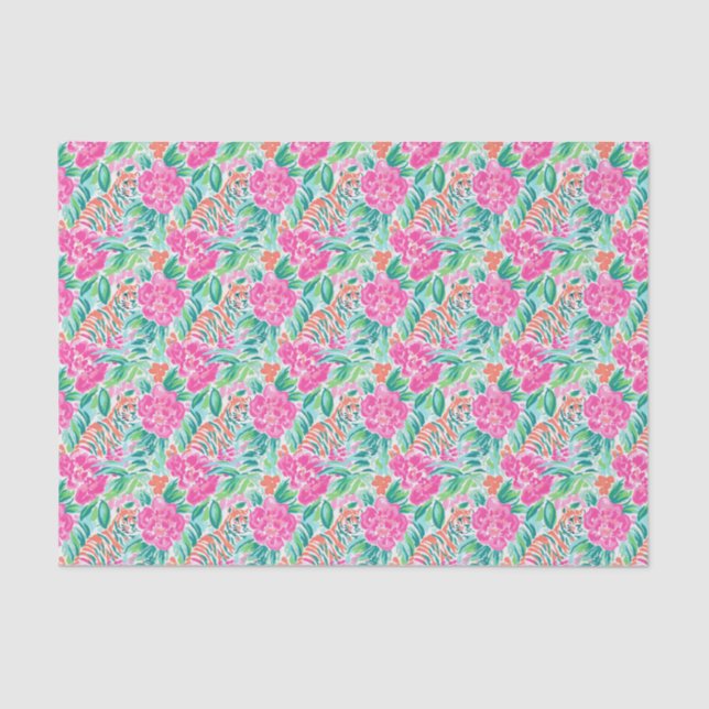 Preppy Palm Beach Print Pink and Green Tigers Tissue Paper (Front)