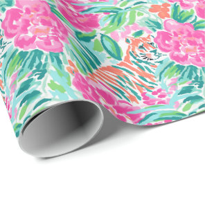 Preppy Palm Beach Print Pink and Green Tigers Wrapping Paper