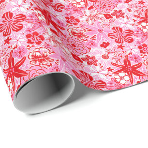 Preppy Palm Beach Print Pink and Red Flowers Wrapping Paper