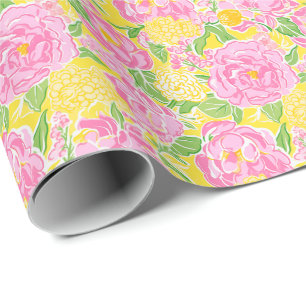 Preppy Palm Beach Print Pink and Yellow Flowers Wrapping Paper
