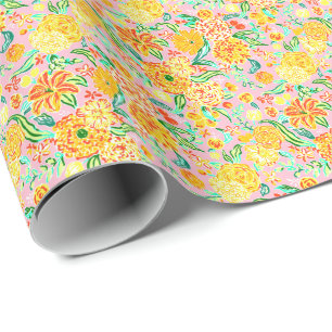 Preppy Palm Beach Print Pink and Yellow Flowers Wrapping Paper