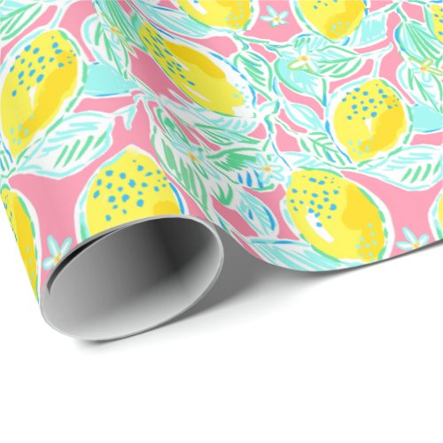 Preppy Palm Beach Print Pink and Yellow Lemons Wrapping Paper