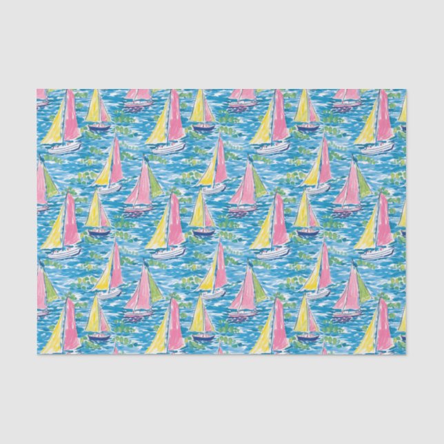Preppy Palm Beach Print Pink and Yellow Sailboats Tissue Paper (Front)
