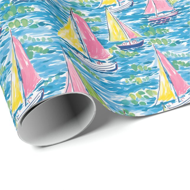 Preppy Palm Beach Print Pink and Yellow Sailboats Wrapping Paper (Roll Corner)
