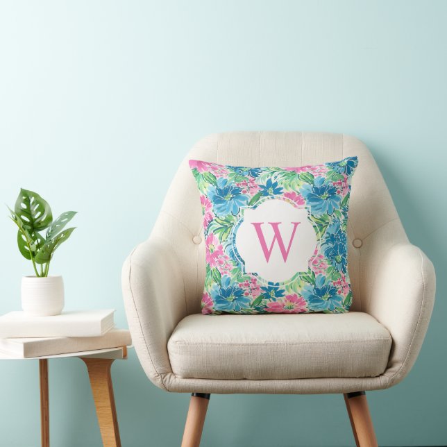 Preppy Palm Beach Print Pink Blue Flowers Monogram Throw Pillow (Chair)