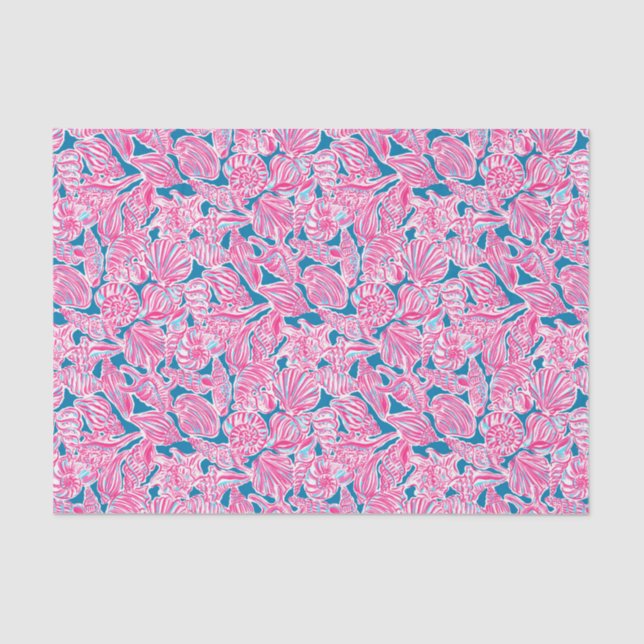 Preppy Palm Beach Print Pink & Blue Seashells Tissue Paper (Front)