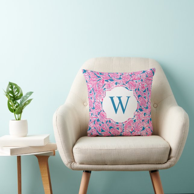 Preppy Palm Beach Print Pink Blue Shells Monogram Throw Pillow (Chair)