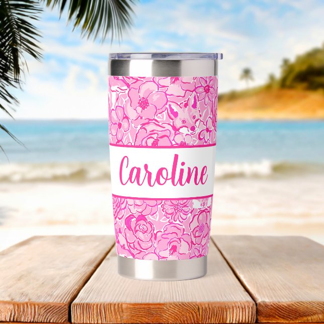 Preppy Palm Beach Print Pink Flowers & Foxes Insulated Tumbler (Beach)