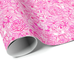 Preppy Palm Beach Print Pink Foxes and Flowers Wrapping Paper