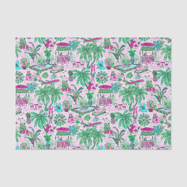 Preppy Palm Beach Print Pink & Green Animal Vacay Tissue Paper (Front)
