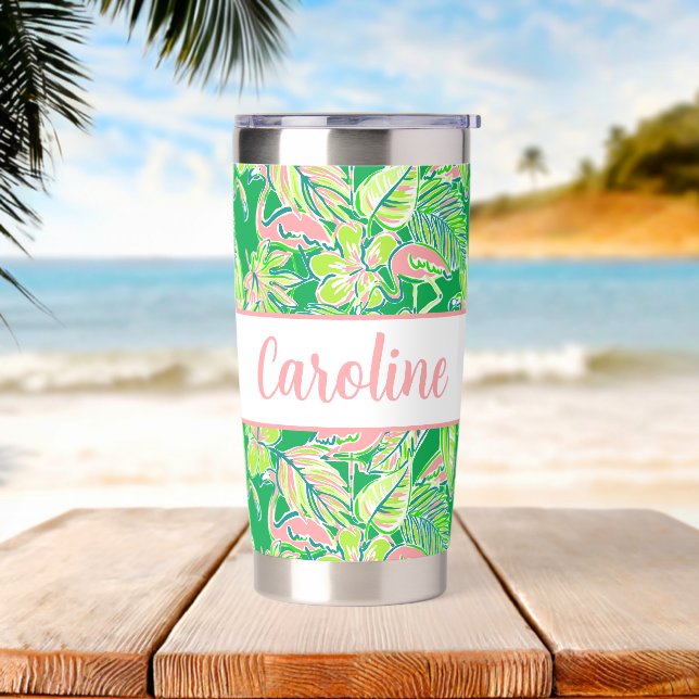 Preppy Palm Beach Print Pink & Green Flamingos Insulated Tumbler (Beach)