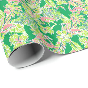 Preppy Palm Beach Print Pink & Green Flamingos Wrapping Paper