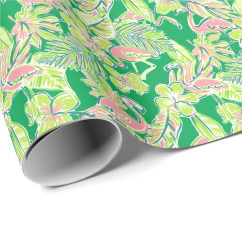 Preppy Palm Beach Print Pink  Green Flamingos Wrapping Paper