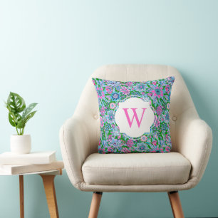 Preppy Palm Beach Print Pink Green Floral Monogram Throw Pillow