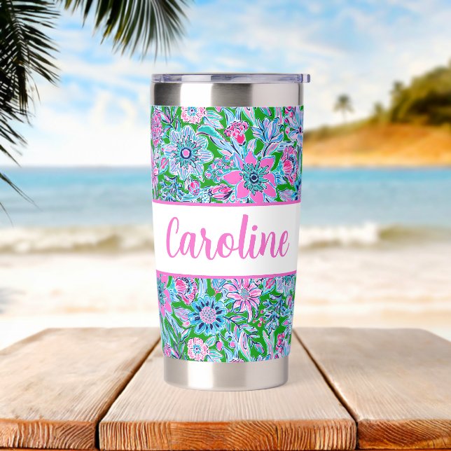 Preppy Palm Beach Print Pink & Green Flowers Insulated Tumbler (Beach)