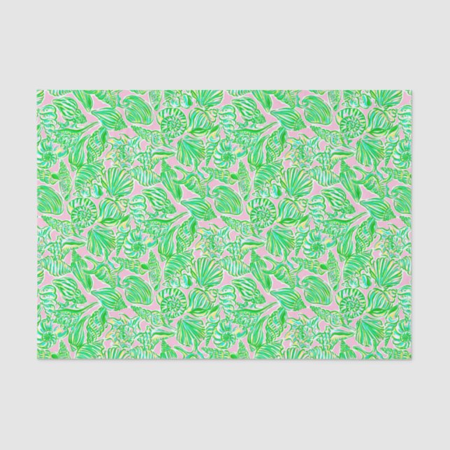Preppy Palm Beach Print Pink & Green Seashells Tissue Paper (Front)