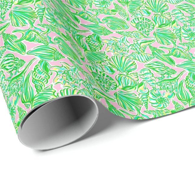 Preppy Palm Beach Print Pink & Green Seashells Wrapping Paper (Roll Corner)
