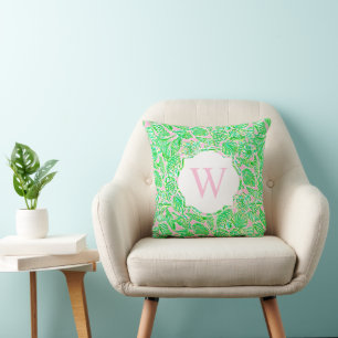 Preppy Palm Beach Print Pink Green Shells Monogram Throw Pillow