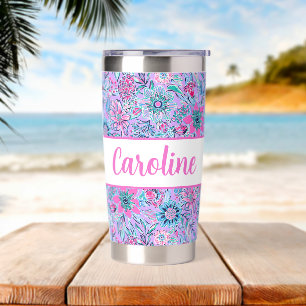 Preppy Palm Beach Print Pink & Lavender Flowers Insulated Tumbler
