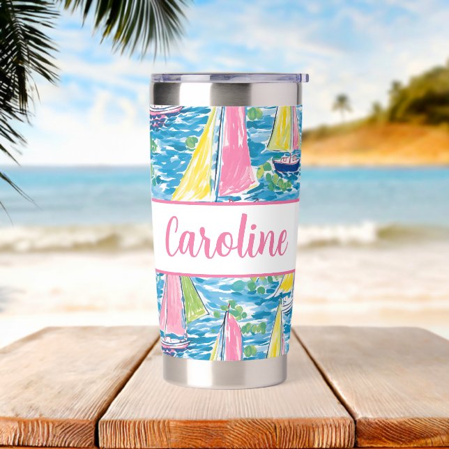 Preppy Palm Beach Print Pink Pink & Blue Sailboats Insulated Tumbler (Beach)