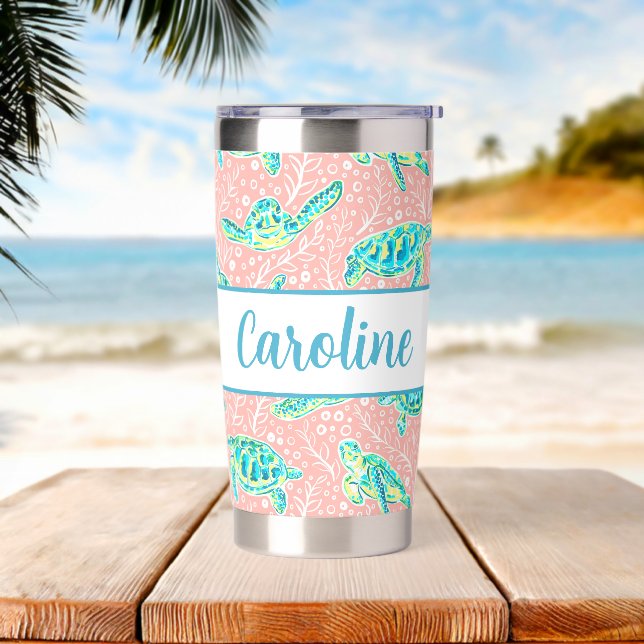 Preppy Palm Beach Print Pink Pink & Blue Turtles Insulated Tumbler (Beach)