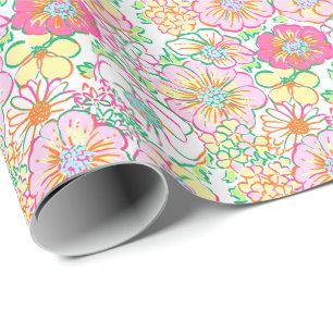 Preppy Palm Beach Print Pink & Yellow Flowers Wrapping Paper