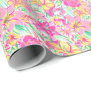 Preppy Palm Beach Print Pink & Yellow Lily Flowers Wrapping Paper